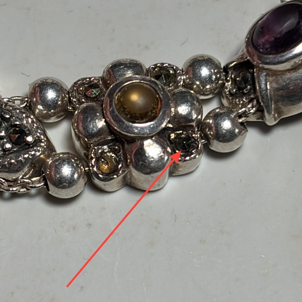 Vintage Sterling Silver Multi Gemstone Marcasite Ornate Link Bracelet 925 - Picture 3 of 13